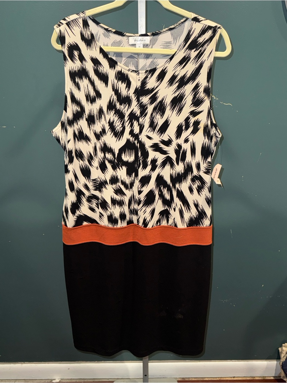Dress Barn  Sleeveless Animal Print Shift Dress with Orange Waistband